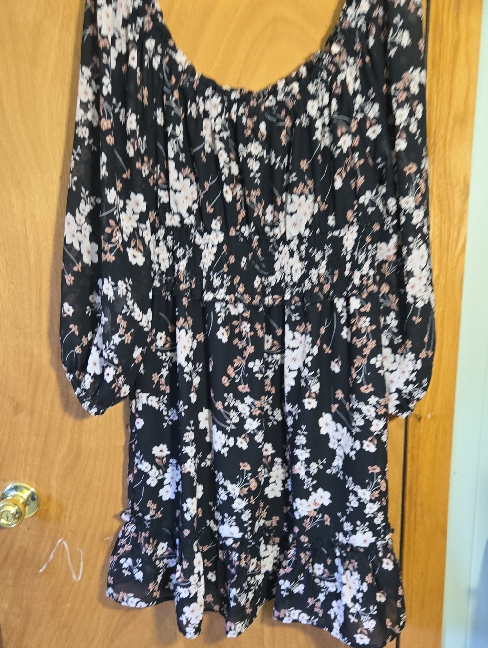 Black Floral Long-Sleeve Smocked Waist Dress - Classic Feminine Style